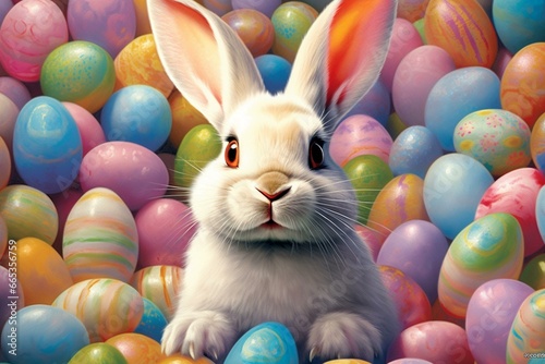 An adorable bunny with expressive eyes surrounded by numerous Easter eggs. The joyful illustration features vibrant eggs, a white bunny, and a sunny backdrop. Generative AI