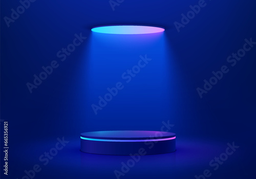Abstract dark blue cylinder pedestal podium. Sci-fi abstract room concept with circle neon lights on the ceiling. Vector rendering 3d background, Mockup product display. Futuristic stage showcase.