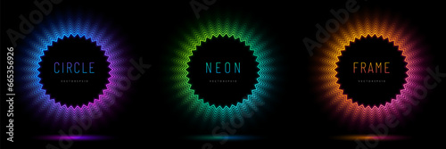 Collection of glowing neon frame lighting round dots on background. Set of blue, red-purple, green illuminate glitter circle frames design. Abstract cosmic gradient color. Top view futuristic style.