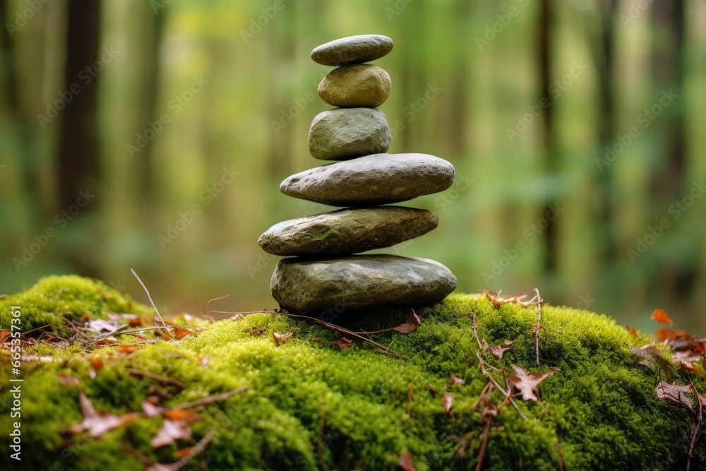 Pyramid stones balance on old mossy fallen tree. Pyramid stones balance on old mossy fallen tree.