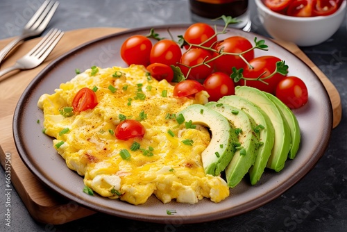 Scrambled eggs with cherry tomatoes and avocado.