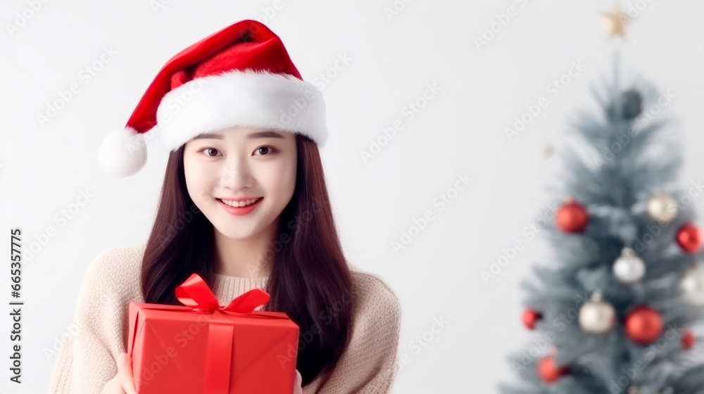 Attractive asian woman in santa claus costume holding gift box with hand in celebration seasonal, happy new years and Christmas celebration. Ai generated