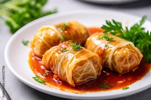 Stuffed cabbage with rice on a white table.