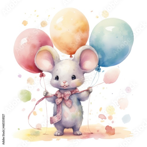 Watercolor mouse with balloons.