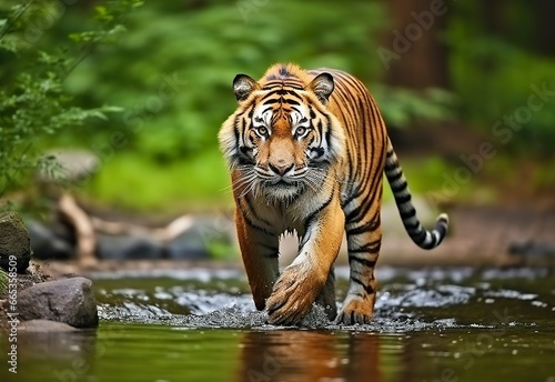 Amur tiger walking in the water. Dangerous animal.  Animal in a green forest stream. © Khalada