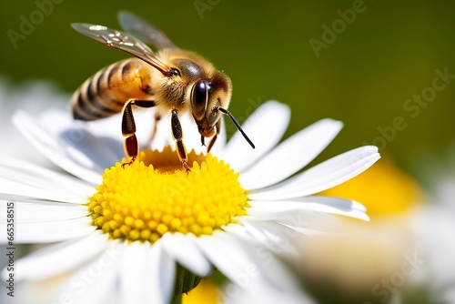 Bee and flower. Close up of a bee collecting honey on a daisy flower on a sunny day.