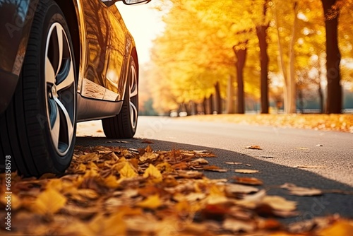 Car on asphalt road on an autumn day at the park. © Khalada