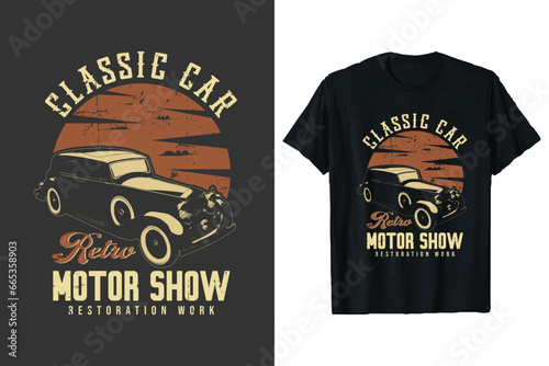 Retro Classic car T-shirt design. vintage sunset style old car graphic t-shirt. black t shirt print template.
