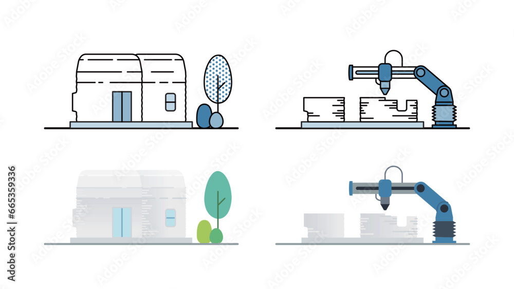 building 3D printed small houses with machine illustrations set - obrazy, fototapety, plakaty 
