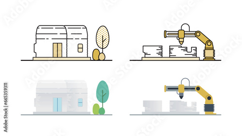 building 3D printed small houses with machine illustrations set