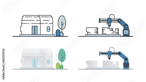 building 3D printed small houses with machine illustrations set