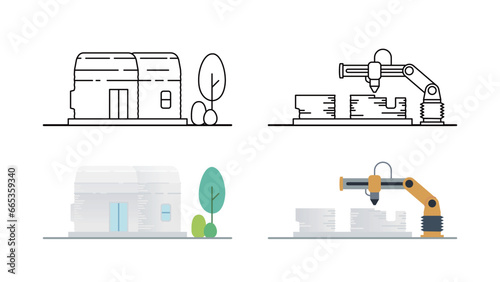 building 3D printed small houses with machine illustrations set
