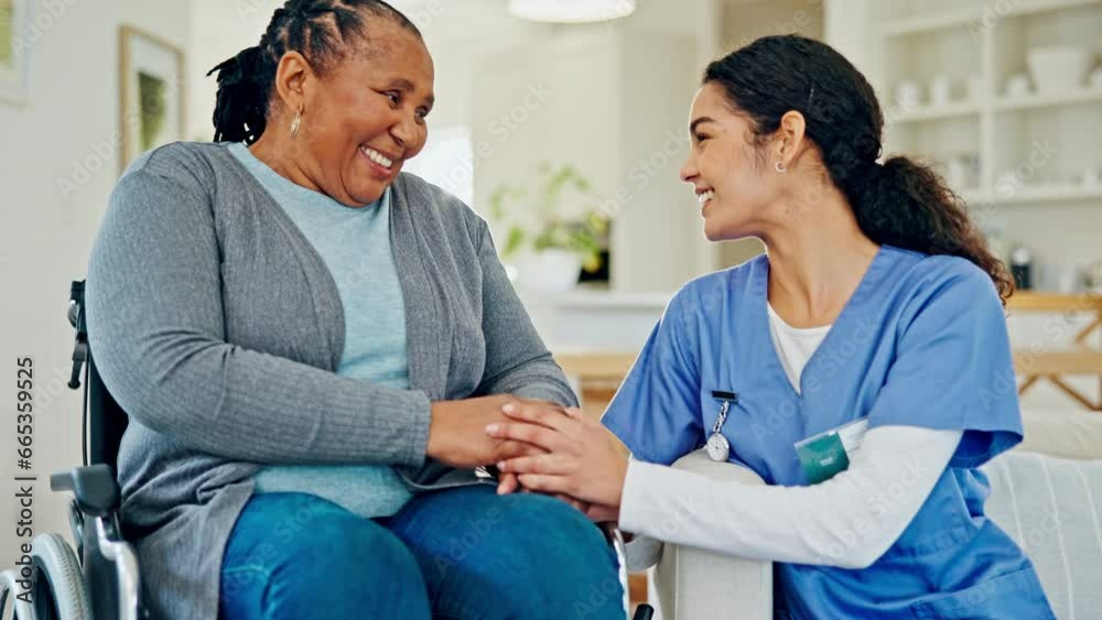 Home, woman in wheelchair and happy nurse holding hands for support, talking of mental health and social health. Medical student, ADN caregiver and kindness, love or care for patient with disability