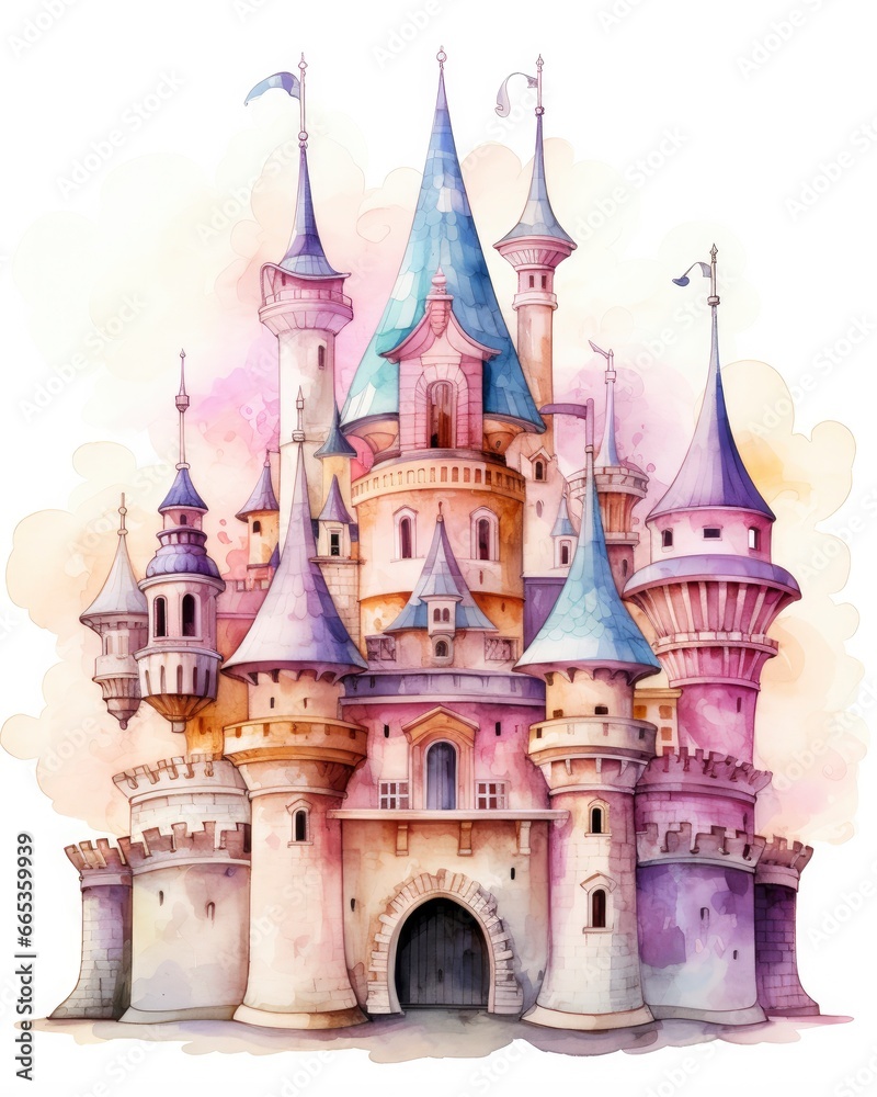 Obraz premium Colorful watercolor kawaii castle isolated on white background.