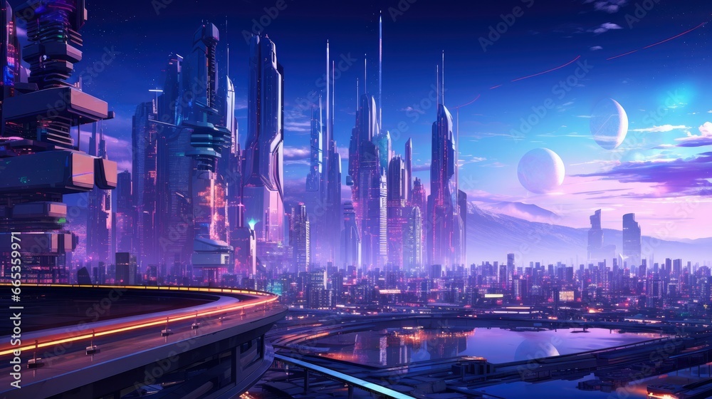 Obraz premium A futuristic, cyberpunk inspired cityscape at night.