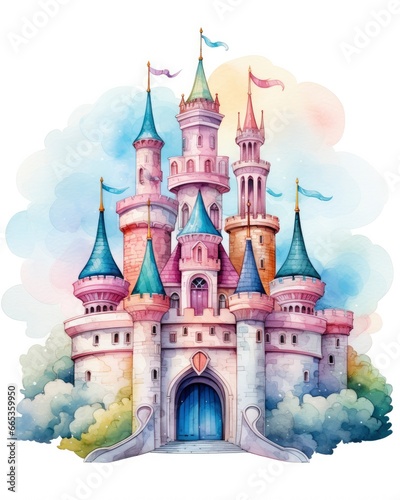 Colorful watercolor kawaii castle isolated on white background. © Khalada