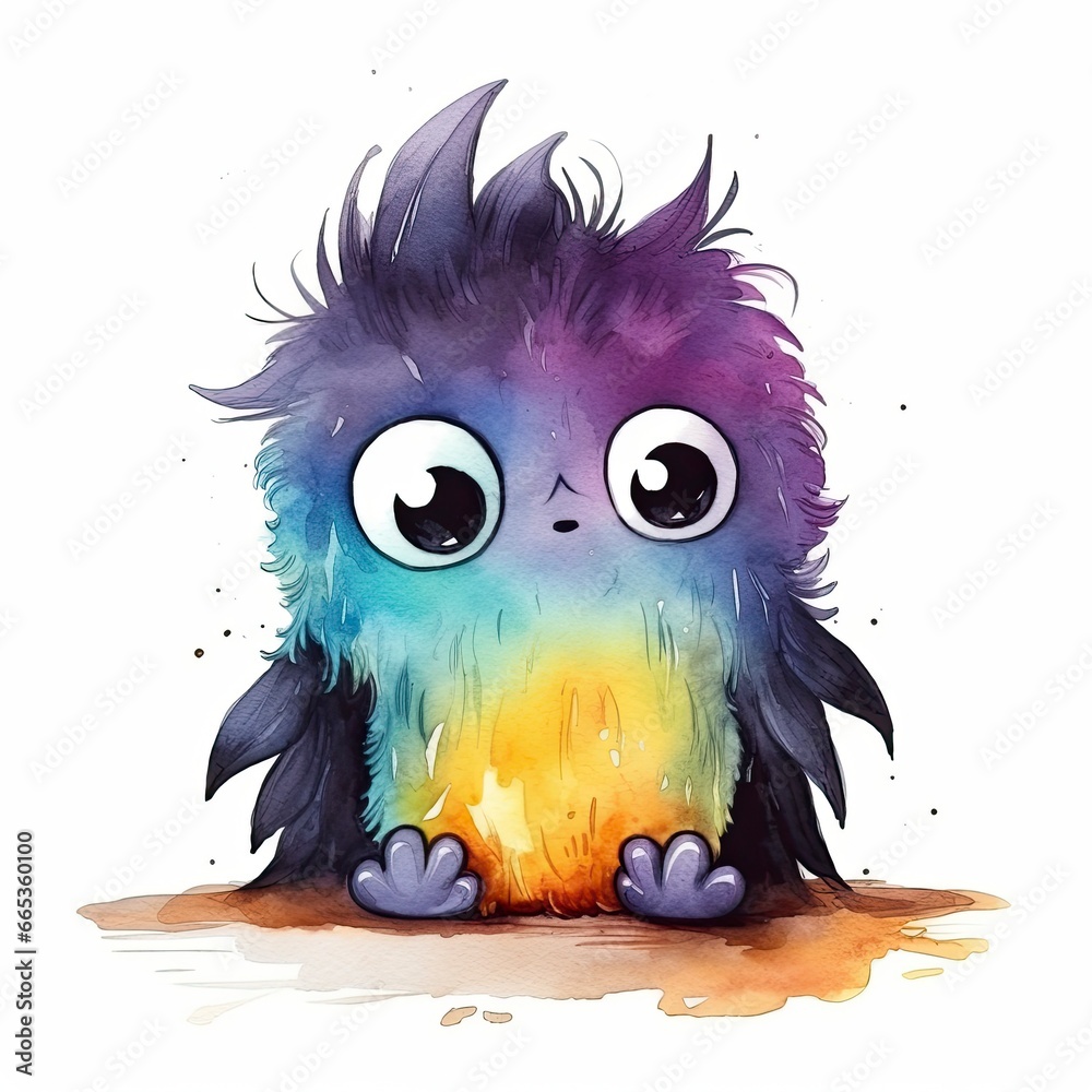 Watercolor cute monster on white background.