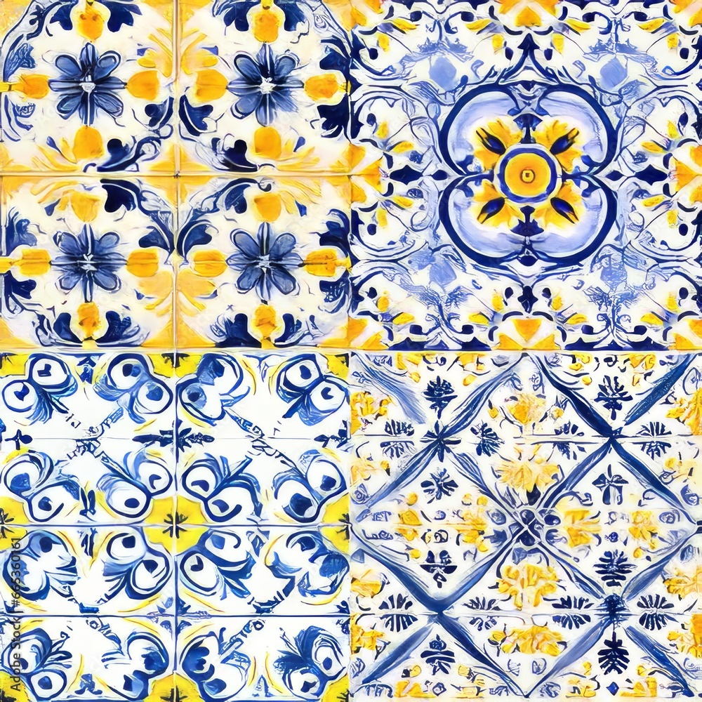 Blue and Yellow Portuguese Azulejos tiles. Mosaic decoration, traditional artwork, floral design, seamless pattern. AI generated digital design.  - obrazy, fototapety, plakaty 