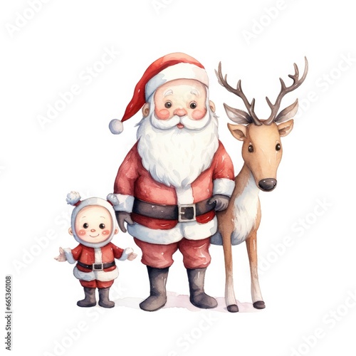 Cute Santa Claus standing with reindeer. © Khalada