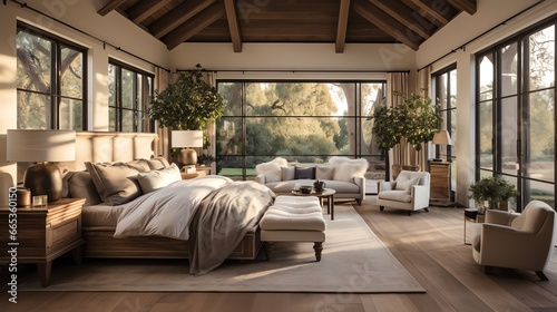 Interior design of a modern bedroom with wooden floor. Big windows with beautiful nature view.