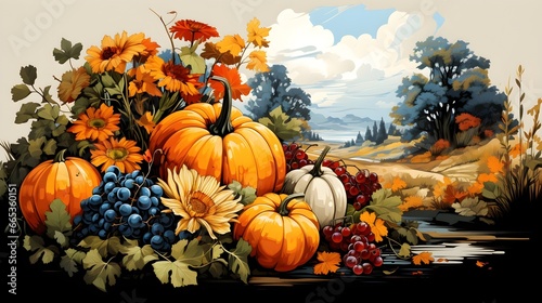 cornucopia with pumpkins background