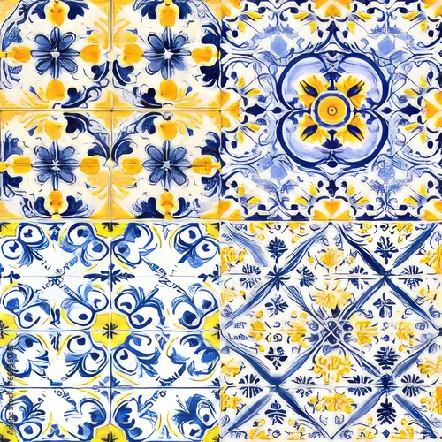 Blue and Yellow Portuguese Azulejos tiles. Mosaic decoration, traditional artwork, floral design, seamless pattern. AI generated digital design. 