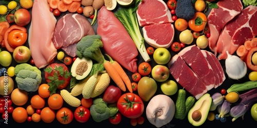 Different types of meats, vegetables, and fruits lay in supermarkets.