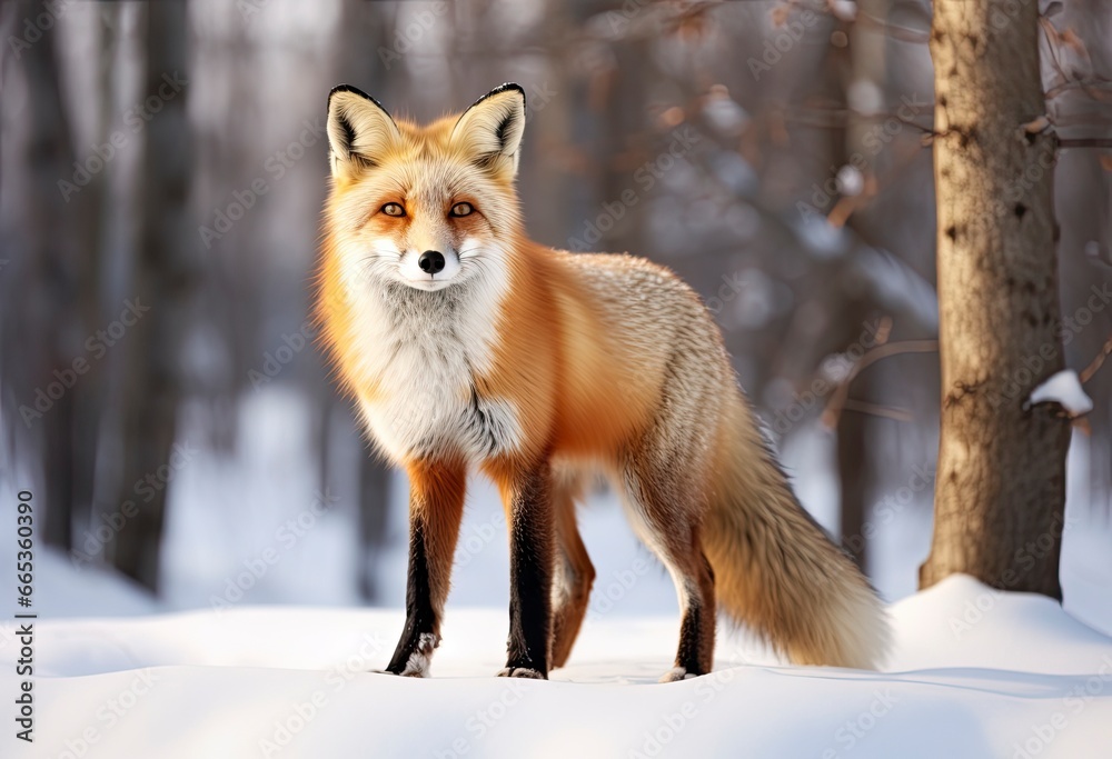  Red fox standing on snow.