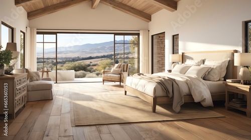 Interior design of a modern bedroom with wooden floor. Big windows with beautiful nature view. © G