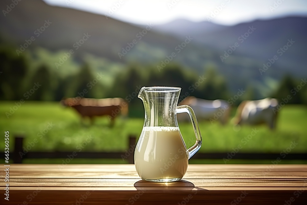 Glass pitcher with fresh milk on a wooden table. Glass pitcher with fresh milk on a wooden table.