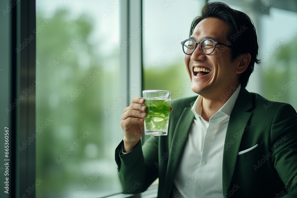 Asian male employee holding green healthy fruit and vegetable juice in the office - obrazy, fototapety, plakaty 