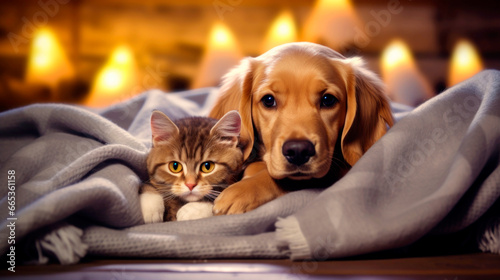 Adorable cat and dog lying under plaid on floor. Warm and cozy winter. Ai generated © millenius