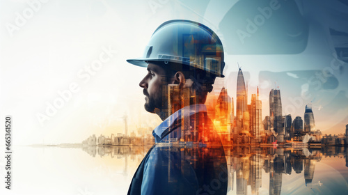 Portrait of a male engineer wearing a helmet combined with overlapping abstract architectural background