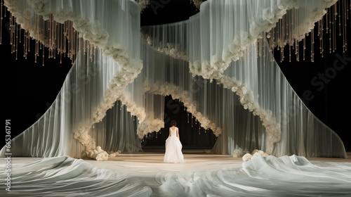 Woman arranges drapery at large exhibition venue indoors