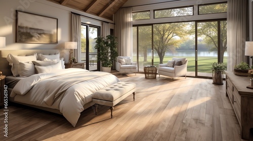 Interior design of a modern bedroom with wooden floor. Big windows with beautiful lake view.