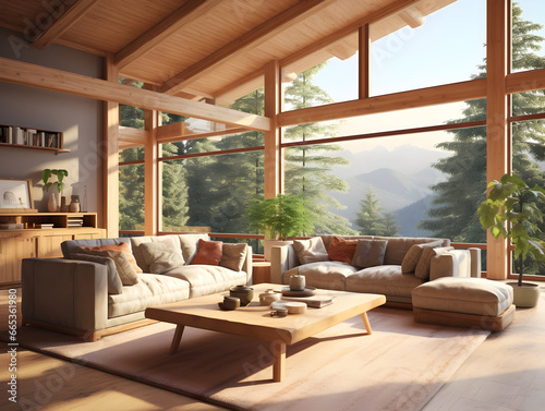 Modern space wooden interior living room with large windows and wooden furniture generative ai © tanjidvect