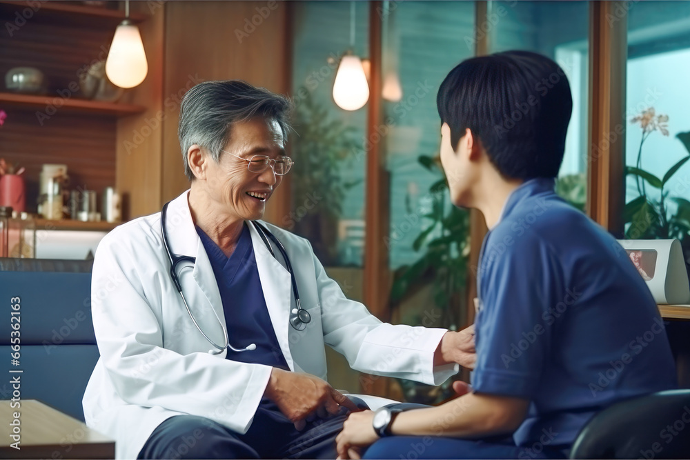 Fototapeta premium Friendly Asian doctor is seeing a young patient in a hospital office
