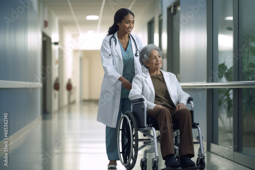 A nurse is wheeling an elderly patient in a wheelchair along the corridor of a medical facility.