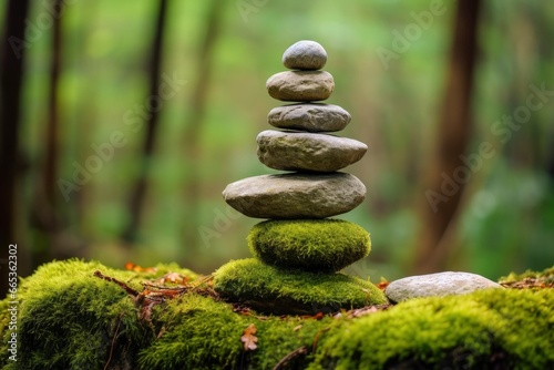 Pyramid stones balance on old mossy fallen tree.