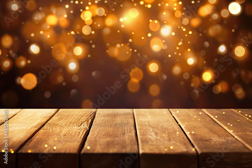 Empty wooden table with festive golden sparkle bokeh background