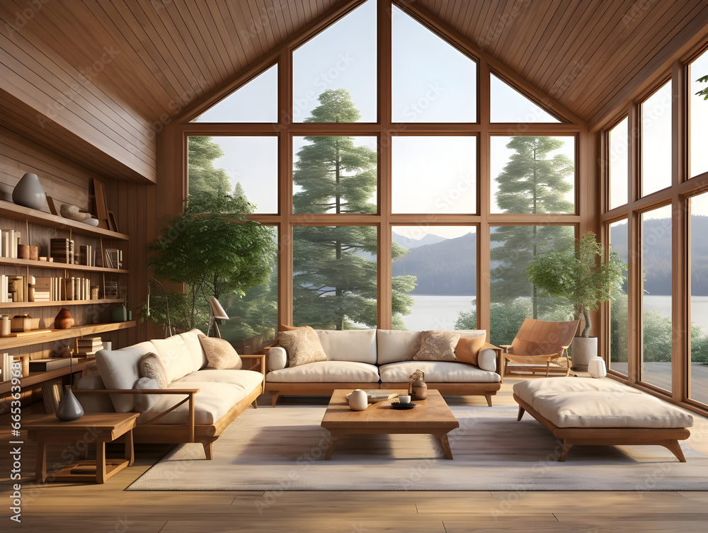 Modern space wooden interior living room with large windows and wooden furniture generative ai