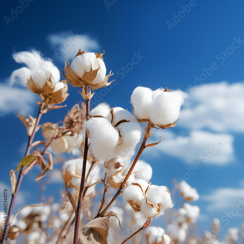 Closeup of beautiful cotton flowers on blue sky background