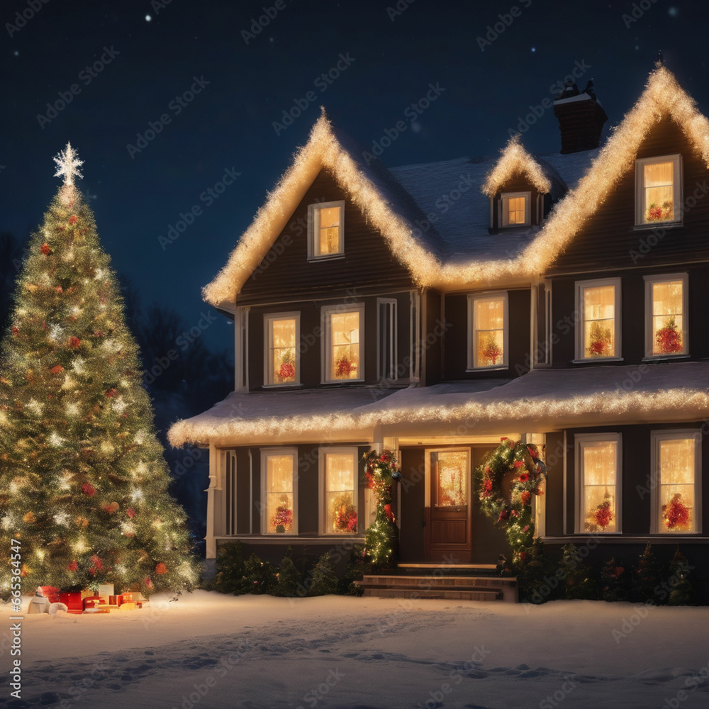 Christmas house decorated with magic christmas tree and lights Christmas house decorated with magic christmas tree and lights
