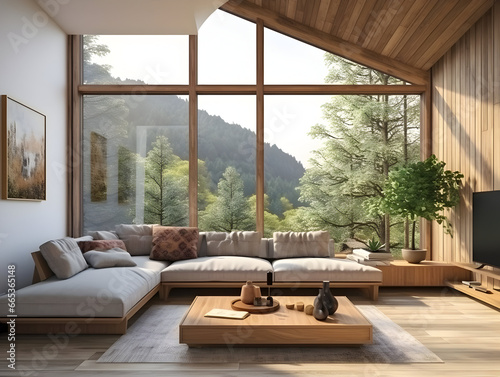 Modern space wooden interior living room with large windows and wooden furniture generative ai © tanjidvect