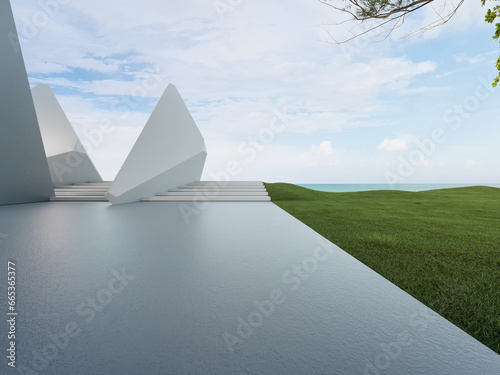 Geometric shapes structure with gray concrete floor on green grass lawn. Abstract architecture design 3d illustration.