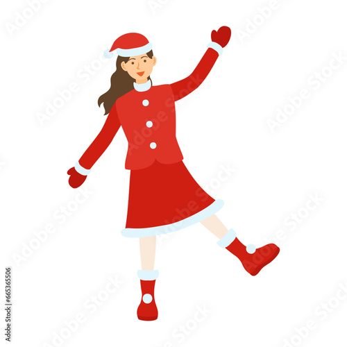 楽しげなサンタクロースの格好の女性。フラットなベクターイラスト。
A woman dressed as Santa Claus looks like fun. Flat designed vector illustration.