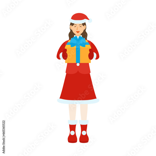 プレゼントを渡すサンタクロースの格好の女性。フラットなベクターイラスト。 A woman dressed as Santa Claus gives a present. Flat designed vector illustration.
