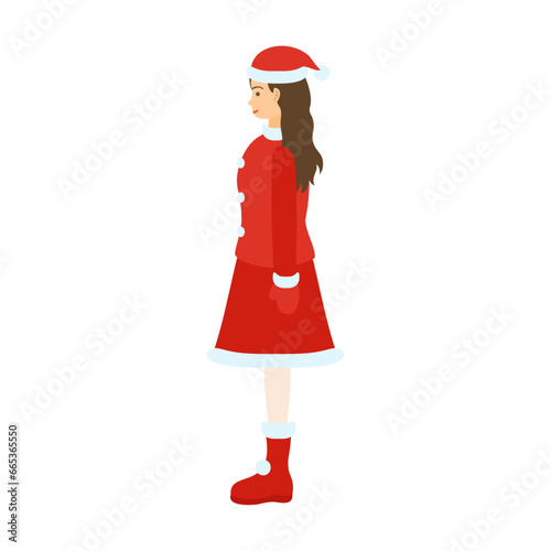 横向きのサンタクロースの格好の女性。フラットなベクターイラスト。
A woman dressed as Santa Claus standing sideways. Flat designed vector illustration.