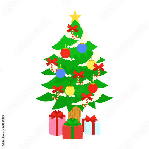                                                                                                     A Christmas tree and gift boxes. Flat designed vector illustration.