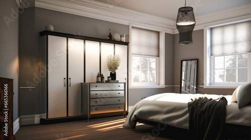3d rendering of a room with a bed and cabinet, in the style of light white and light black, spot metering photo